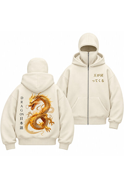 3 İplik Ejderha Sırt Baskılı Ninja Hoodie – Oversize Fermuarlı Sweatshirt