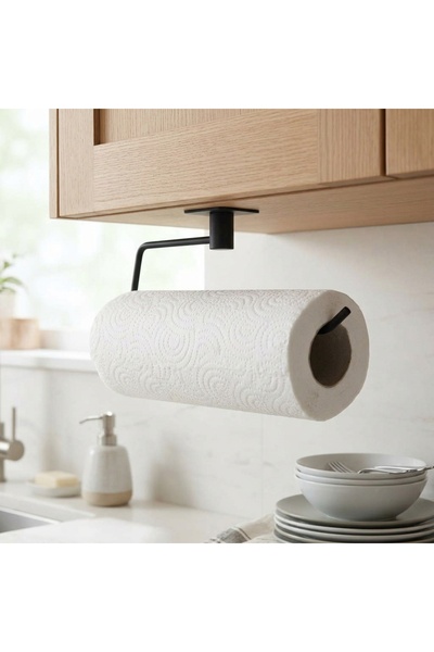 Privo Adhesive Black Paper Roll Towel Holder No-Punching Metal Napkin Holder Hanger for Bathroom and Kitchen