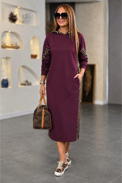 Simala Women's long sleeve hooded leopard detail pocketed long viscose two-th...