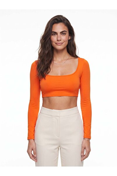 Juuuj Orange Cotton Stretch Fabric Square Neck Long Sleeve Slim Fit Basic Cro...