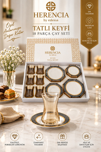 Herencia 18 Parça 6 Kişilik Gold Detaylı Desenli Tatlı Seti – 6 Çay Bardağı, ...