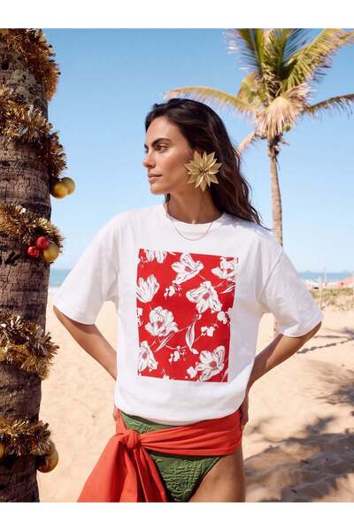 Juuuj Tricou alb din bumbac, cu mânecă scurtă, cu imprimeu floral, respirabil