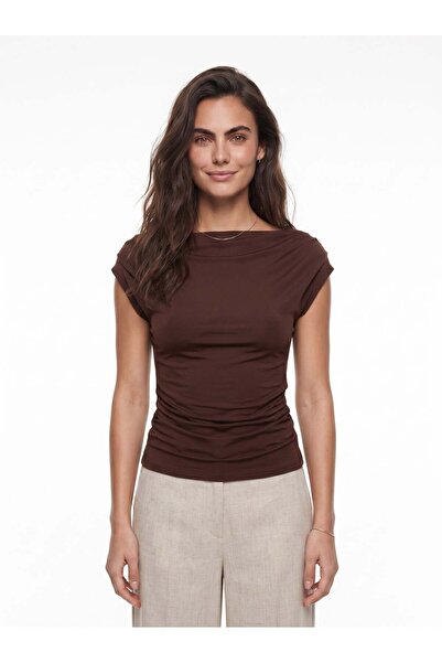 Juuuj Brown Lycra Stretch Fabric Degaje Collar Sleeveless Body-Fitting Blouse...