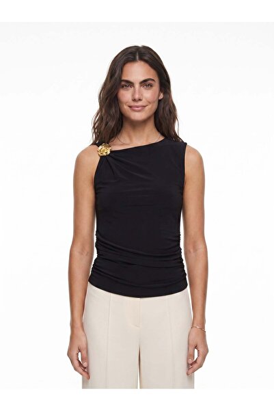 Juuuj Black Stretchy Lycra Fabric Body-Hugging Blouse with Molded Shoulder Me...