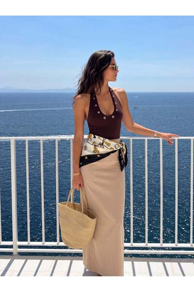 Juuuj Bitter Brown Stretchy Fabric Halter Neck Fitted Blouse with Metal Ring ...