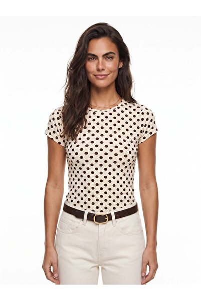 Juuuj Beige Brown Lycra Stretch Fabric Crew Neck Short Sleeve Crop Polka Dot ...