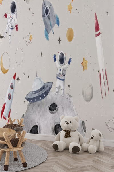 MİRAZAWALL Uzay Temalı Astronot, Roket ve Gezegen Desenli Çocuk Odası Tek Par...