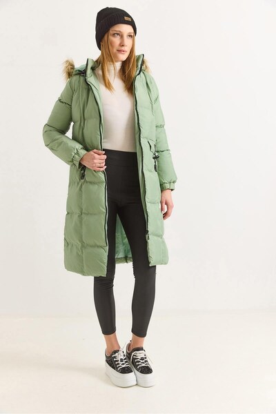 Juuuj Mint Green Woven Fabric Hooded Long Cut Double Pocket Zippered Puffer Coat