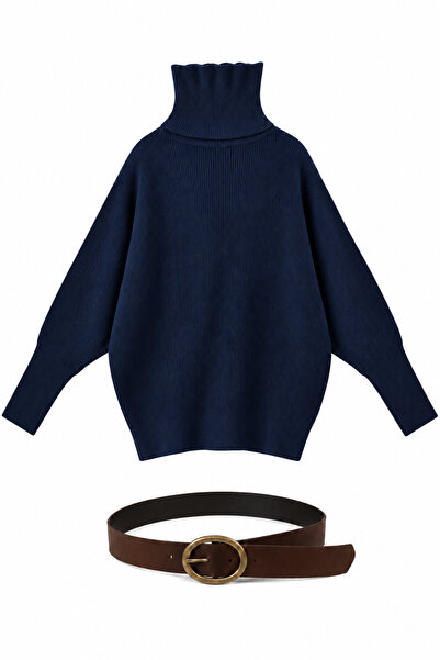 Juuuj Navy Blue Knitwear Turtleneck Bat Sleeve Asymmetrical Cut Knitted Sweat...