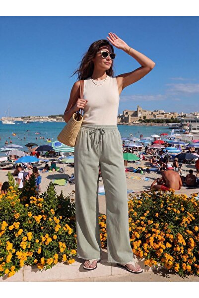 Juuuj Mint Cotton Gabardine Summer Trousers with Elastic Waist, Lace-Up Detai...