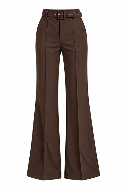 Juuuj Brown Fabric High-Waisted Spanish Flare Pants with Belt and Fringe Detail