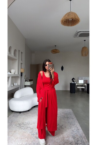 Buket Teke Red Thin Modal Triple Kimono Athlete Pants Set