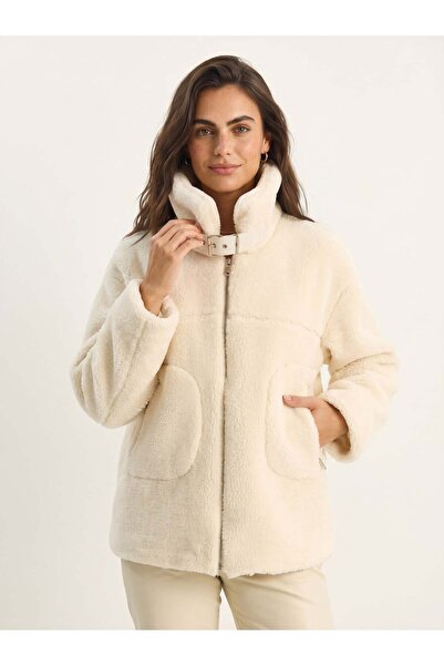 Juuuj Cream Plush Textured Polyester Coat with Belt Detail at the Collar and ...