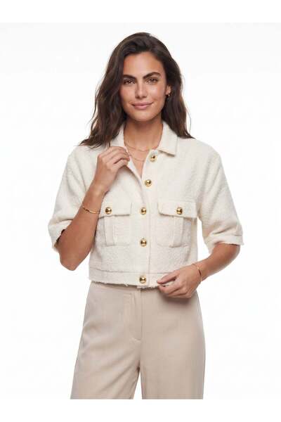Juuuj White Acrylic and Wool Blend Fabric Short Sleeve Shirt Collar Metal But...