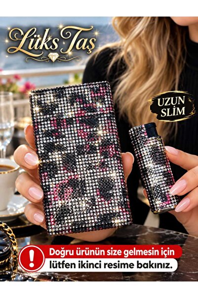 Lüks Taş Taşlı Sigara Kutusu ve Çakmak (UZUN SLİM)