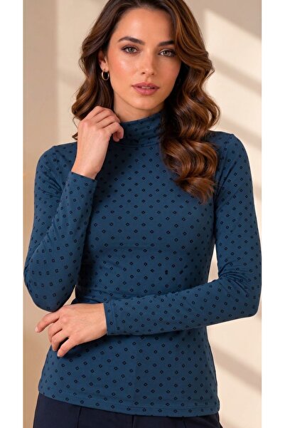 Look Forward Women's Navy Blue Mini Patterned High Neck Long Sleeve Viscose E...