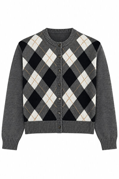 Juuuj Gray Knitwear Crew Neck Vintage Diamond Patterned Buttoned Acrylic Text...