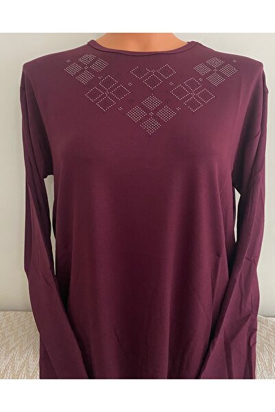 Anne Er Clothing Combed Cotton Blouse Long Sleeve Crew Neck Stone Burgundy