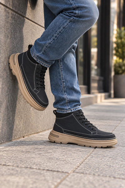 IN-STEP Canda Men's Navy Blue Nubuck Lace-Up Casual Boots / Daily Shoes