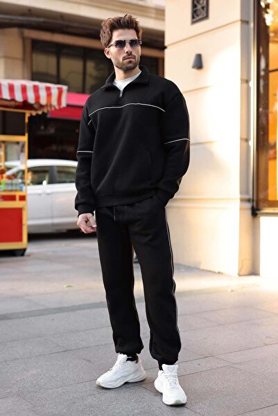 Madmext Black Stripe Detailed Stand Collar Men's Tracksuit Set E7380