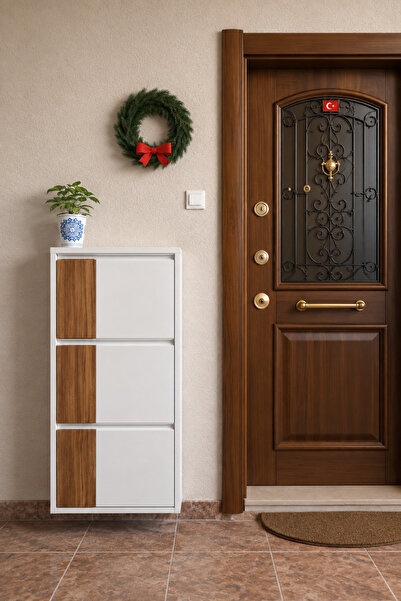 formood Üçlü Metal Ayakkabılık Beyaz Ahşaplı ABD CEVİZ MDF DİKEY