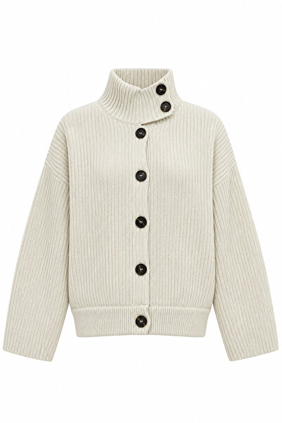 Juuuj Ecru Knitwear Textured High Collar Oversize Drop Shoulder Button Detail...
