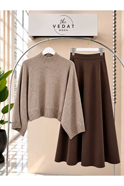 MODA VEDAT Γυναικεία Πλεκτή Μπλούζα Oversize - Σετ με Φούστα Puff Scuba -0500