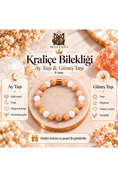 Musydes Kraliçe Bilekliği Ay Taşı&Güneş Taşı Doğal Taş Bileklik 8mm