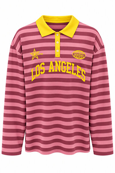 Mixray 2259 Kadın Çizgili Los Angeles Baskılı Polo Yaka Sweatshirt Pembe