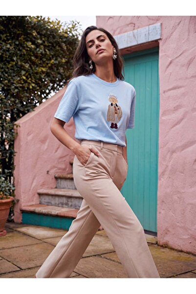 Juuuj Μπλουζάκι Baby Blue Cotton Crew Neck με άνετη εφαρμογή, κέντημα σκύλου ...
