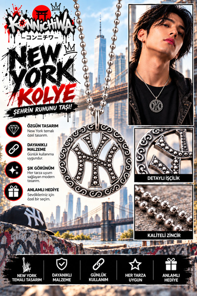 FG KONNİCHİWA New York Ny Necklace – City Themed Round Metal Silver Color Nec...