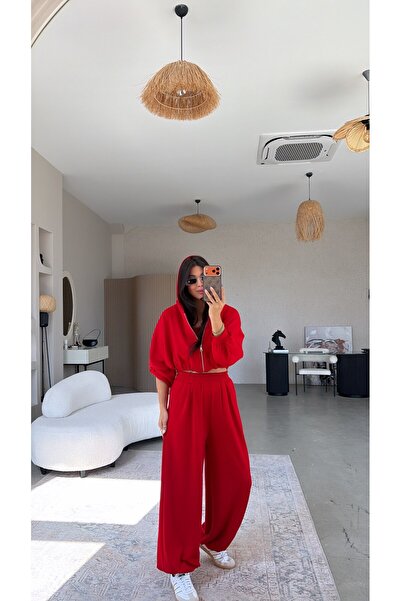 Buket Teke Red Modal Triple Athlete Hoodie Tracksuit Set