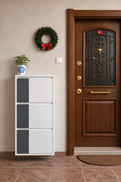 formood Üçlü Metal Ayakkabılık Beyaz Ahşaplı ANTRASİT MDF DİKEY
