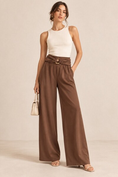 Juuuj Brown Viscose Blended Fabric High Waist Loose Cut Wide Leg Pants with G...