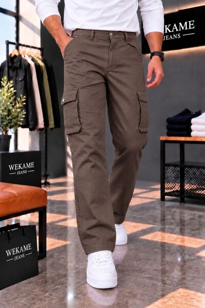 WKM Pantaloni cargo casual din gabardină pentru bărbați, croială normală