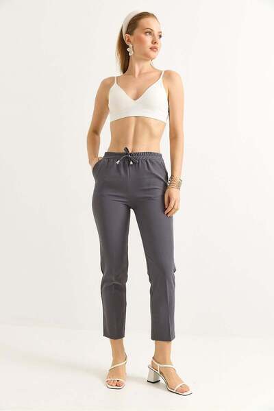 Juuuj Gray Double Crepe Fabric, Elastic Waist, Lace-Up Detail, Short Leg, Sli...