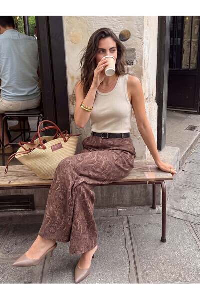 Juuuj Brown Lycra Stretch Fabric Belted High Waist Wide Leg Shawl Patterned S...