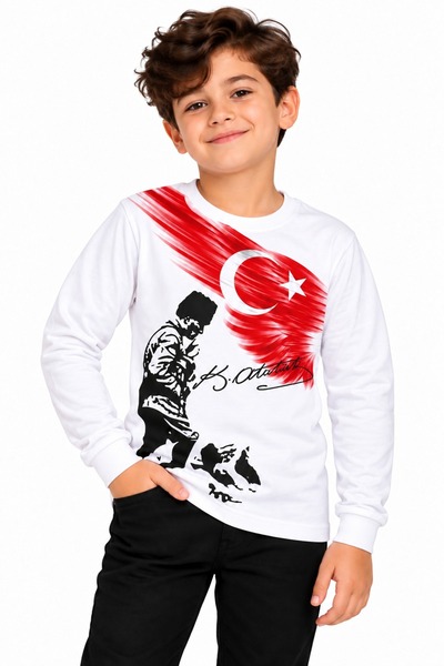 Nacar Unisex Çocuk Ay Yıldız Baskılı Uzun Kollu Tişört 23 Nisan 19 Mayıs 29 E...