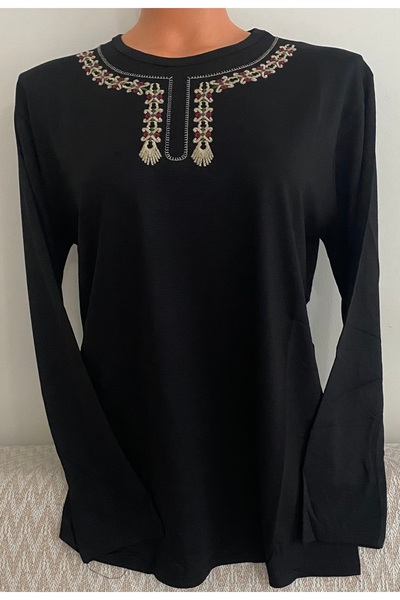 Anne Er Clothing Combed Cotton Blouse Long-Sleeve Crew Neck Embroidery Black