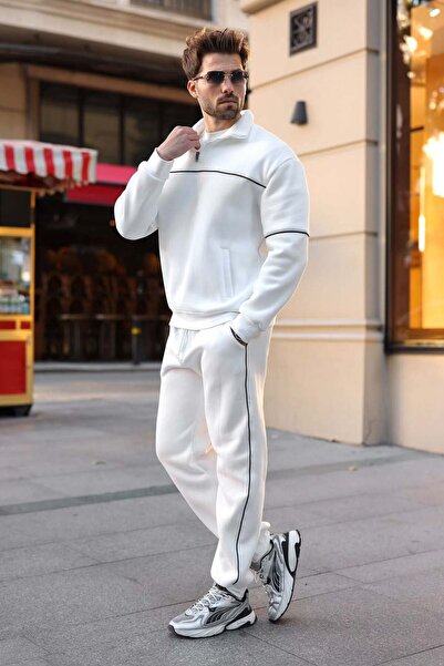 Madmext Ecru Stripe Detailed Stand Collar Men's Tracksuit Set E7380
