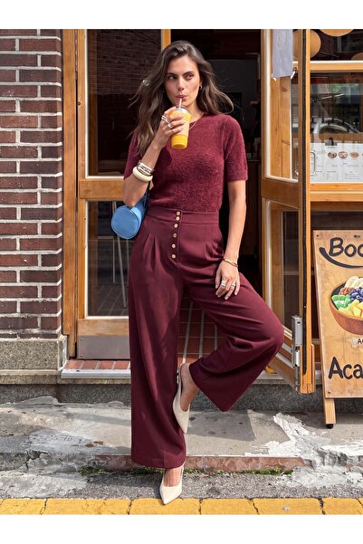 Juuuj Burgundy Woven Fabric High Waist Palazzo Cut Gold Button Detailed Pleat...