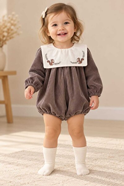 kidsense Baby Girl Squirrel Embroidered Collared Corduroy Textured Romper (wi...