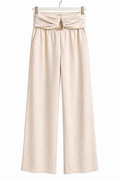 Juuuj Stone Color Viscose Blended Stretch Fabric High Waist Loose Cut Pants w...