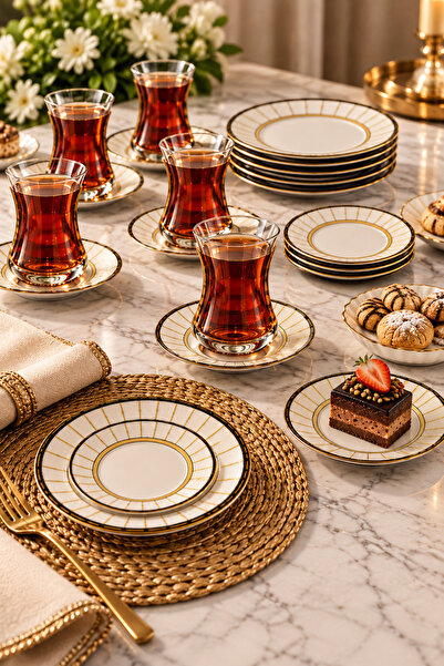 Herencia 18 Parça 6 Kişilik Gold Detaylı Çizgili Tatlı Seti – 6 Çay Bardağı, ...