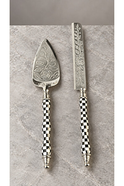 MAY HOME 2'Li Dama Porselen Saplı Pasta Servis Seti & Çelik Spatula Bıçak