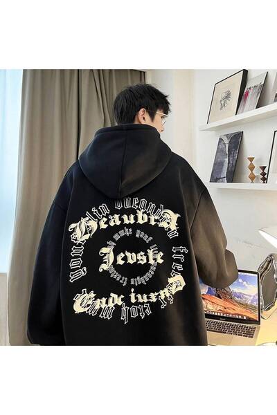 Minga London Siyah Gotik Font Sırt Baskılı Oversize Kapüşonlu Sweatshirt