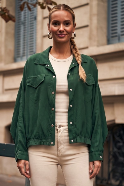 Chiccy Green Shirt Collar Cuffed Sleeves Snap Fasteners Casual Tencel Fabric ...
