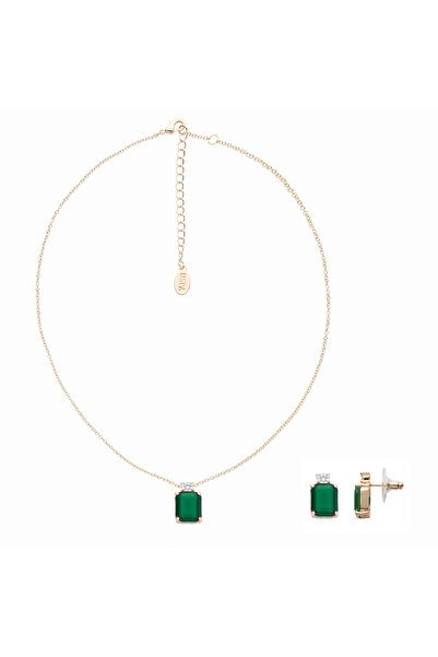 U.S. Polo Assn. Set colier și cercei tip știft, Auriu/Verde închis