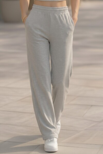 RAVELLES Women's Gray Ribbed Fabric Straight / Wide Leg Sweatpants with Pockets