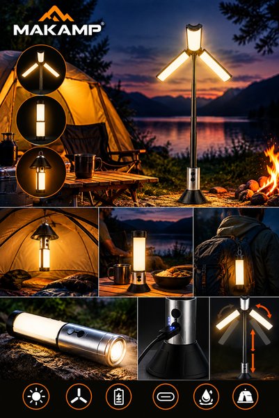 MAKAMP Şarjlı Kamp Lambası LED El Feneri 8000 Lümen 3000mAh Type-C Şarjlı IP65 Ayarlanabilir Çok Fonksiyonlu Kamp Feneri